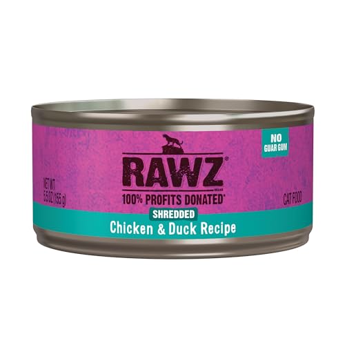 Rawz Natural Premium Shredded Canned Cat Wet Food - Made with Real Meat Ingredients No BPA or Gums - 5.5oz Cans 24 Count (Chicken & Duck)