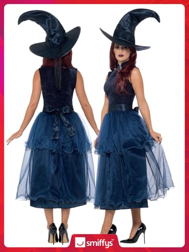 Halloween! Smiffys Deluxe Mitternachthexe-Kostüm, Schwarz, mit Kleid, Lentikular-3D-gedruckter Brosche, Gürtel und Hut