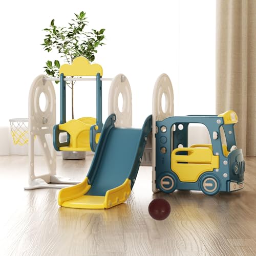 KIDBOT Kid 5in1 Slide Swing Set, with Ladder Climber Steps & Bus Playhouse & Basketball Hoop, Kids Playground Activity Centre Playset Indoor Outdoor Toy, Color - Blue & Yellow