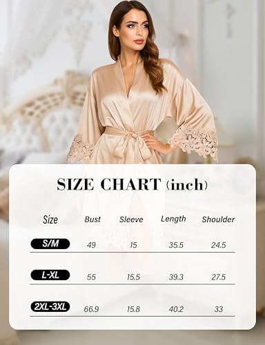 Image of EPLAZA Bride Robe for Wedding Day Set Bridal Robe Lace Trim Silky Embroidery Satin Kimono for Bridal Party