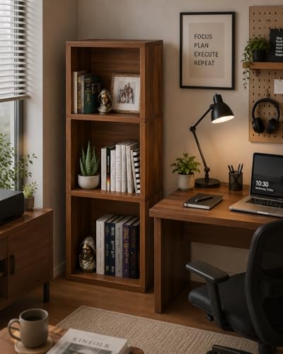 Image of 3 Cube Storage Organizer Wooden Bookshelf, 3 Cube Shelf Bookcase, Small Bookshelf Storage Organizer, 3 Cube Storage Shelf for Bedroom, Small Bookshelf for Living Room and Office (Brown, 3)