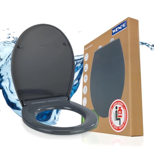 WENKO Toilettendeckel mit Absenkautomatik, hohe Belastbarkeit bis 300 kg, ovaler WC Sitz, abnehmbar, Klodeckel aus bruchstabilem, recycelbarem Thermoplast, Mod. Ostuni, grau
