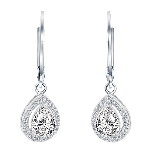 Cate & Chloe Izzy 18K White Gold Teardrop Cut Cz Halo Drop Earrings, Dangling Crystal Round Cut Earring Set For Women, Silver Cubic Zirconia Pave Earrings #TOP8