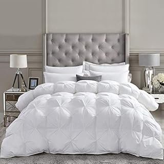 Luxurious All-Season Goose Down Feather Fiber Comforter King Size Duvet Insert, Exquisite Pinch Pleat Design, Premium Baffle Box, 100% Egyptian Cotton Cover, 65 oz. Fill Weight, White