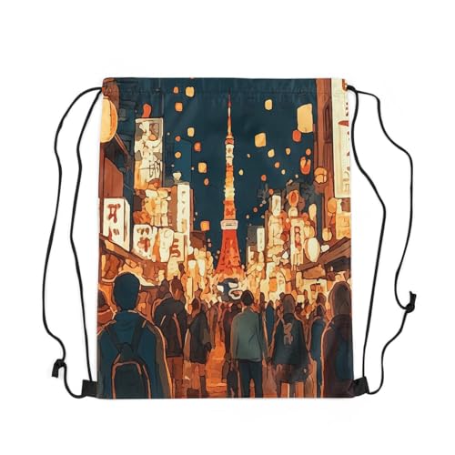 jejeloiu Japanese Street Drawstring Backpack 13"x15.7" Tokyo Night Sports Gym String Bag Anime Tower Drawstring Bags Black Yellow Waterproof Cinch Bag Sports Drawstring Sackpack3