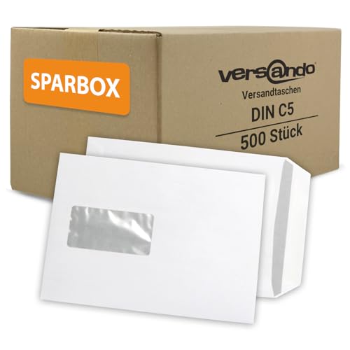 versando 500x Versandtaschen C5 mit Fenster Haftklebend 162x229mm...