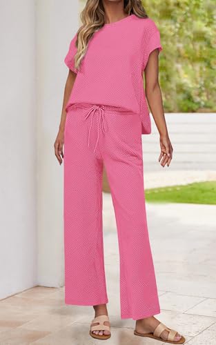 Image of PRETTYGARDEN 2 Piece Outfits For Women Casual Tracksuit Short Sleeve Tops And Wide Leg Long Pants Matching Lounge Sets