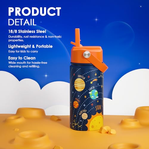 Image of SANDJEST Solar System Kids Water Bottle With Straw Lid 12oz Insulated Stainless Steel, Travel Tumbler, Gifts For Boys, Birthday, Christmas, Back To School