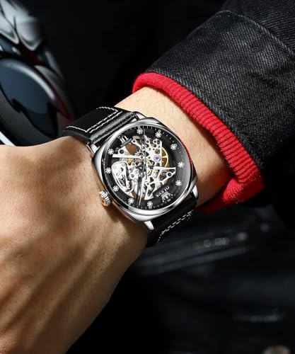 Image of OUPINKE Mens Watches Automatic Skeleton Mechanical Watches for Men Self Winding Luxury Fashion Leather Strap Steampunk Style Luminous Waterproof Men Wrist Watches