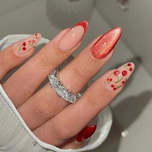 Uñas postizas cortas ovaladas French Press On Nails MrCuvaryas French Press On Nails Short Square Soft Gel Nail Tips Full Cover Nail Tip (Red Cherry)