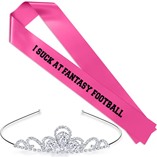 2 Pieces Pink Loser Sash Silver Tiara Crowns Set, I Suck at Fantasy Football Last Place Award for Leagues Birthday Crown Accessories Jewelry