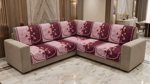 Image of KINGLY Quilted Velvet Sofa Cover Wine Maroon L Shape 3+3 Anti Skid Pipe