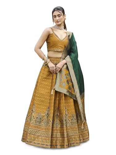Image of PURVAJA Women's Kanjiwaram Semi-Stitched Lehenga choli