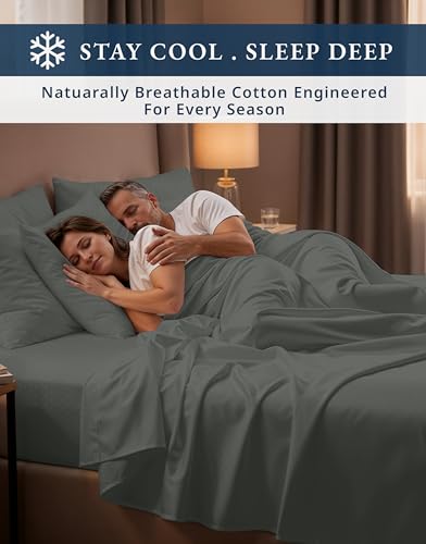 Image of LANE LINEN Sheets Queen Size Bed Set Cotton Sateen Weave - Dark Grey | Cream Sheets Queen - 4-Piece Set, For A Luxurious Night's Sleep, For Guests And Everyday Use, Guest-Ready Comfort