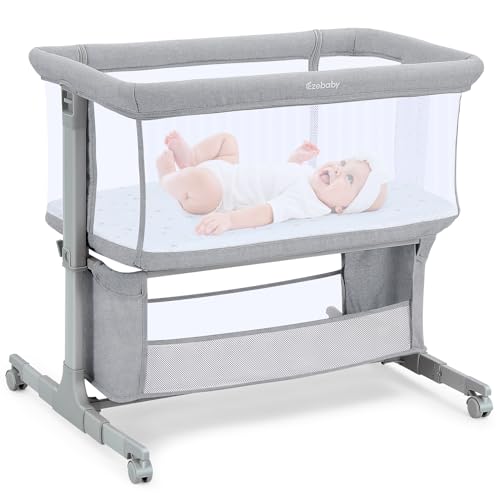 Image of Ezebaby Baby Bassinet, Bedside Bassinet for Baby, Portable Baby Bassinets Bedside Sleeper for Newborn Infants with Wheels, Storage Basket, Adjustable 7 Heights and All Mesh Sides