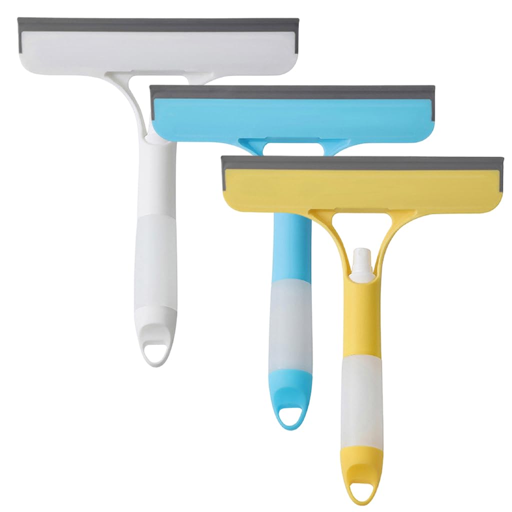 3 in 1 Window Cleaning Scraper, Window Squeegee Glass Cleaning Wiper with Spray and Brush, Squeegee for Shower Glass Multipurpose Windows Cleaner Tool for Mirrors, Kitchen, Bathroom (3PCS)