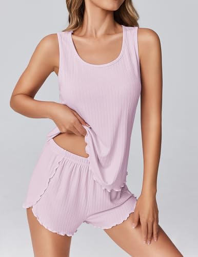 Image of Ekouaer 2 Pieces Womens Tank Top Pajamas Set Soft Sleepwear Cami and Shorts