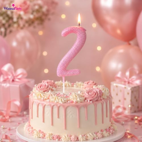 Image of Wanna Party Glitter Designer Pink Number 2 Birthday Candle, Numerical Cake Candle for 2nd Birthday, Cake Cutting, Party Decoration & Celebration Supplies - 1PC