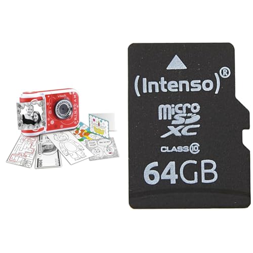 VTech KidiZoom Print Cam – Sofortbild-Kinderkamera mit Druckfunktion & Intenso microSDXC 64GB Class 10 Speicherkarte inkl. SD-Adapter, schwarz