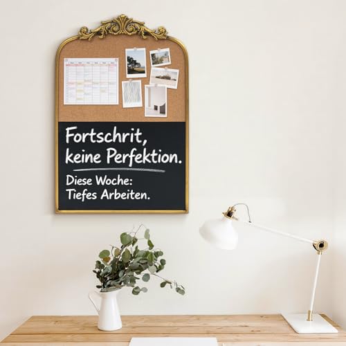 Vintage Pinnwand mit Blumen aus Kunstharz, 40 x 61 cm, halber Kork und halbe Tafel, kunstvoller Eisenrahmen für Wand