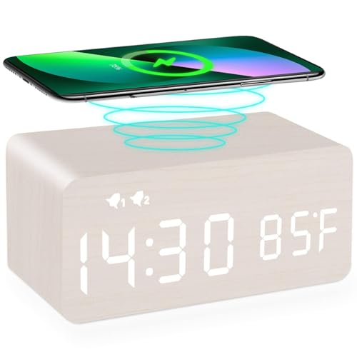Comidos Wooden Digital Alarm Clock for Bedroom/Bedside/Desk/Living Room Decor, with 10W Fast Wireless Charging, 0-100% Dimmable, Snooze，LED Temperature Display, Dual Alarms