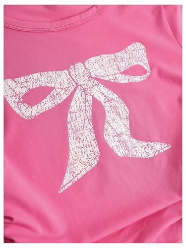 Image of SHENHE Girl's Cute Graphic Tee Bow Print Crew Neck Ruched Drawstring Fitted Crop Tshirt Top Pink 15 Years