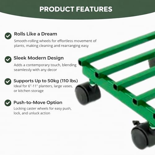 Image of Square Metal Plant Caddy with Wheels - Rolling Plant Stand for Indoor & Outdoor Planters, Rust-Resistant, Smooth Mobility Plant Stand for Balcony Garden Home (Green, Pack of 4)