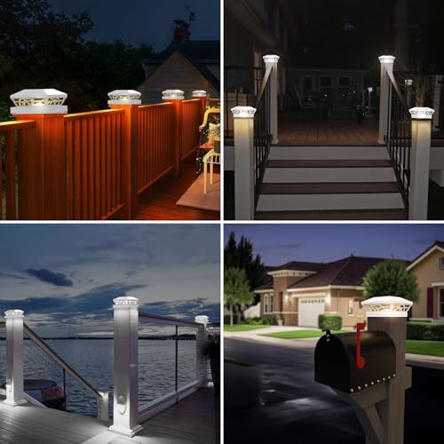 T-SUN Solar Post Cap Lights 6 Pack – Outdoor Waterproof Fence Lights for 3.5x3.5 4x4 5x5 5.5x5.5 Wood/Vinyl Posts, 2 Modes Warm White/White, Solar Deck Light for Patio, Garden, Porch (White) - Image 5