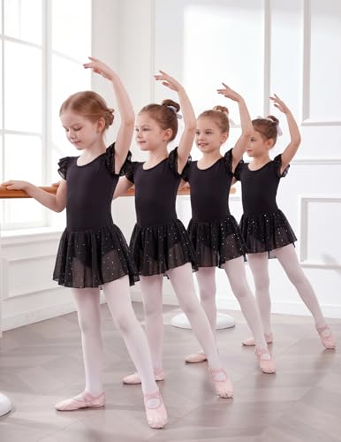 Image of Arshiner Girls Shiny Ruffle Sleeve Ballet Leotard with Skirt Criss-Cross Back Dance Dresses