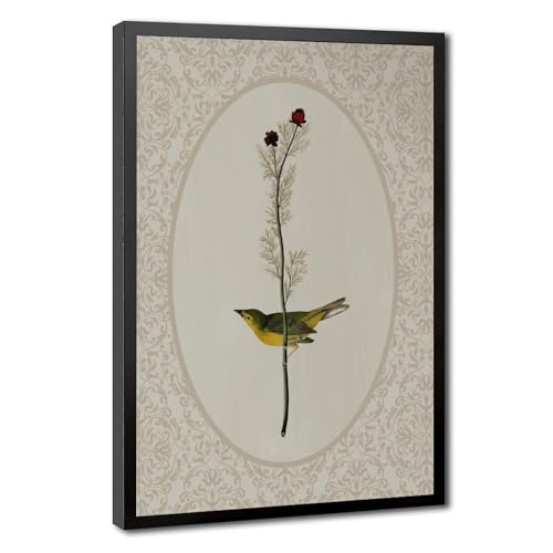 Peinture à l'huile vintage plante et oiseau, idee cadeau originale pour decoration interieure