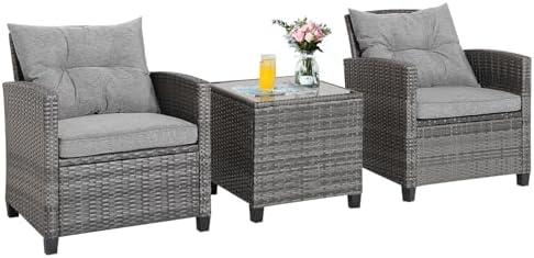COSTWAY 3 Pieces Patio Rattan Bistro Set, Metal Frame Garden Coffee Table And Sofa Chairs Set