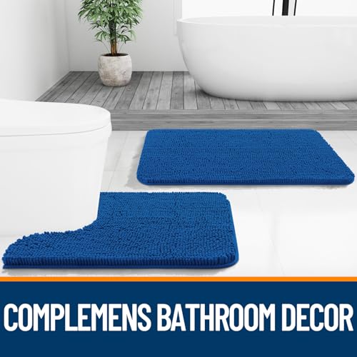 Image of OLANLY Bathroom Rugs Sets 2 Piece, Soft Absorbent Chenille Bath Mats and U-Shaped Contour Toilet Rug Set, Machine Washable Bath Carpet, Home Decor Accessories(36 inchx24 inch+24 inchx20 inch, Deep Navy Blue)