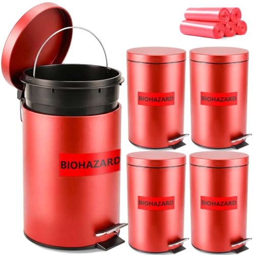 Image of Geiserailie 4 Set 3.17 Gallon Stainless Steel Biohazard Trash Can with 200 Hazardous Bags, Foot-Operated Self-Closing Lid & Biohazard Labels for Medical Hospitals Industrial Infectious Waste Disposal