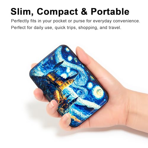 Image of Credit Card Holder, Metal Card Wallet RFID Blocking Mini Slim Aluminum Business Hard Card Case for Women Men (Starry Night Castle)