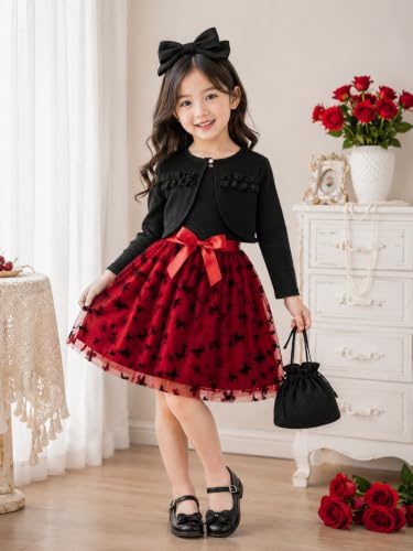 Image of TAGAS Baby Girls Party Dress with Shrug, Headband & Purse | Butterfly Net Frock with Bow | Birthday Dress Set | 4-Piece Outfit | Red & Black | Ages 1-9 Years