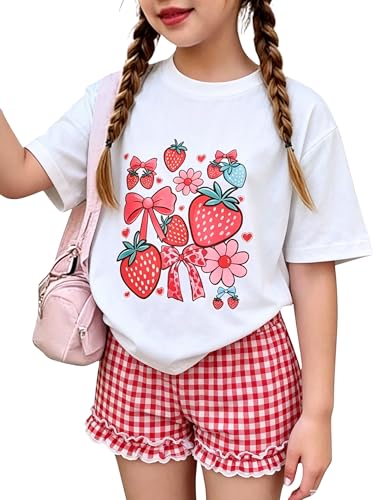 KIDLAGA Girls Shorts Sets 2 Pieces Outfits Sweet Print Round T-Shirt+ Plaid Shorts Girls Summer Short Set 10-11Y