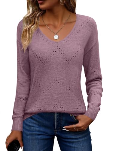 Image of Zeagoo Womens Sweaters Fall Trendy Casual Long Sleeve Shirt Lightweight V Neck Off Shoulder Crochet Pullover Top Outfit