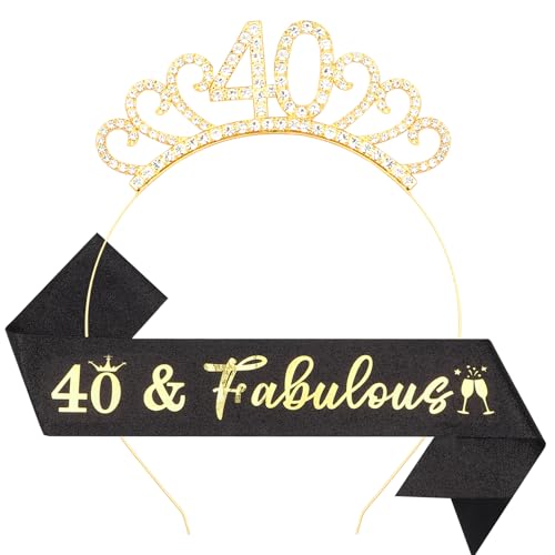 40th Birthday Decoration for Women Black Gold Birthday Sash and Rhinestone Headband for Womens 40th Birthday Party Decor