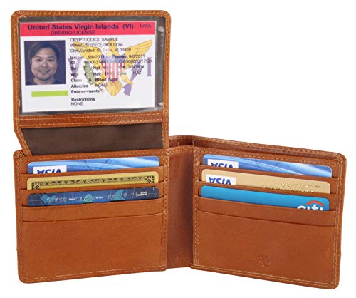 AULIV Men’s Bifold Wallet - Stylish Full Grain Veg Tan Leather Wallets for Men with 2 ID windows & 8 credit card slots- Slim Wallet Design with RFID Protection - Ideal Gift for Men