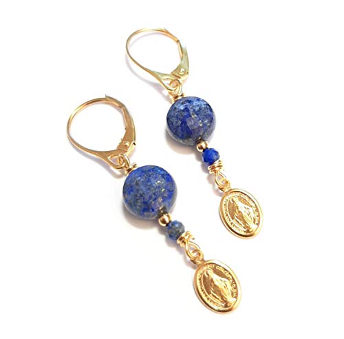 Boucles d'oreilles Madone lapis-lazuli, le cadeau parfait en argent doré