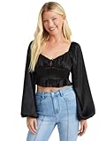 ALTAR'D STATE Women's Grace Top, Long Sleeve Satin Silk Crop Top, Fitted Black String Tied Casual Shirt, Black, Medium