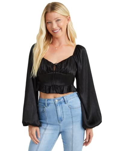 ALTAR'D STATE Women's Grace Top, Long Sleeve Satin Silk Crop Top, Fitted Black String Tied Casual Shirt, Black, Medium