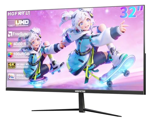 HGFRTEE 32 Zoll Monitor 4K, (3840 * 2160) UHD PC Gaming Monitor, VA-Panel, 60 Hz, 4000:1, 100% sRGB, FreeSync, HDR, HDMI/DP, Wandmontage 100×100 mm, für Büro, Design & Gaming