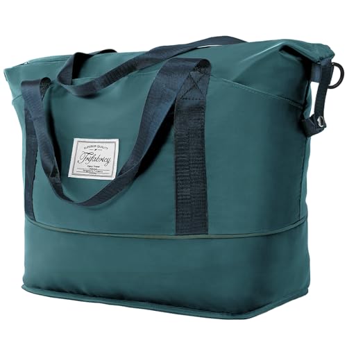 Trifabricy Travel Duffel Bag - Large Shoulder Weekender Overnight Bag, Carry on Bags with Wet Pocket, Waterproof Expandable Duffel Bags with Trolley Sleeve, Sports Tote Gym for Women, Peacock blue