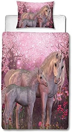 Yasida Pink Unicorn Duvet Cover Set 135x200cm, Mother and Child Bedding Set to Decorate Girls Room,Single Duvet Cover and Pillowcase Microfibre For Warm Love Bedding Collection