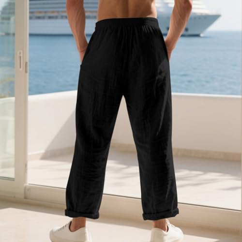 Linen Pants for Men Fashion Straight Leg Elastic Waist Casual Pants Relaxed Fit Breathable Trouser Pant with Pockets2