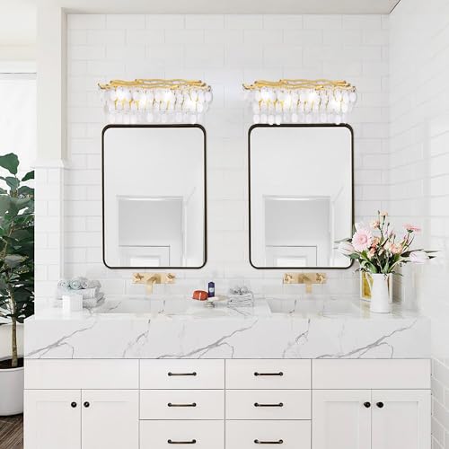 Image of Wellmet Brushed Gold Bathroom Light Fixtures, 4-Light Capiz Shell Vanity Light, Modern Wall Sconces for Mirror, Cabinets, Bedroom, Hallway,Living Room, 27.2 inch W