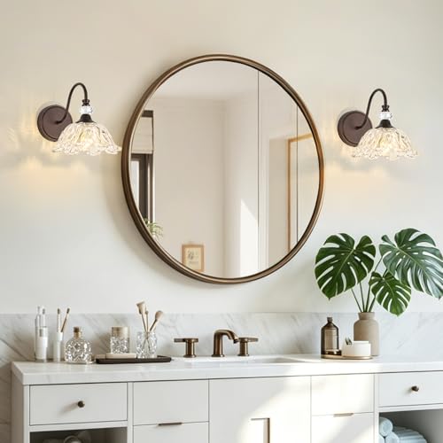 Image of 1-Piece Oil Rubbed Bronze Vintage Wall Sconce with Floral Etched Clear Glass Shade, Farmhouse Wall Mount Lighting for Bathroom,Vintage Bathroom Vanity Light Fixtures