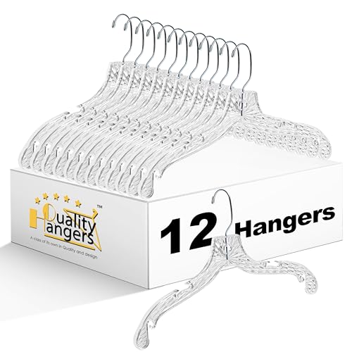 Quality Hangers 12 Pack Clear Plastic Hangers with Super Easy 360 Degree Swivel Hook – Shirt Hangers with Precision Notches for Secure Hanging – Slim Crystal Coat Hangers – 17 Inches (12, 17")