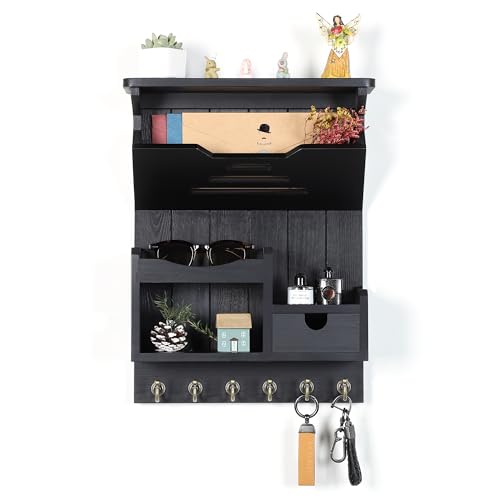 DOPACE-Handcrafted-Pine-Wood-Mail-Organizer-Key-Holder-Black-Hand-polished-natural-pine-wood-with-storage-drawer-6-hooks-Fine-spray-paint-finish-Easy-wall-mount